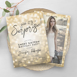 Convites Foto surpresa Dourada moderna Sweet 16