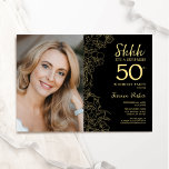 Convites Foto surpresa Dourada negra da Elegante 50º aniver<br><div class="desc">Preto floral e surpresa dourada 50º convite de aniversário com sua foto na frente do cartão. Elegante design moderno com desenhos botânicos desenhados em destaque e letra de script de tipografia. Simples trendy convida cartão perfeito para uma festa de na moda. Pode ser personalizado para qualquer idade. Impressos convites Zazzle...</div>
