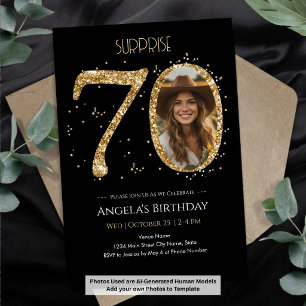 Convites Foto Surpresa Dourado Brilhante Aniversário de 70 
