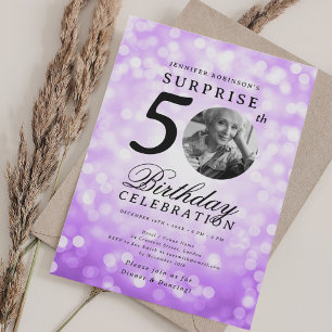 Convites Foto SURPRESA para festa de 50 anos com Bokeh Roxo