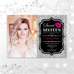 Convites Foto: Sweet 16 Birthday Pink Kiss Silver Black Inv<br><div class="desc">Foto Doce 16 Aniversário. Preto prateado rosado. Doce dezesseis convites de aniversário com sua foto. Possui fonte de script,  lábios beijam e confetti. Design cor-de-rosa branca e preto clássico,  cor-de-rosa quente,  com prata brilhante falso. Perfeito para uma elegante festa de 16 dias.</div>