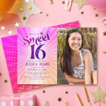 Convites Foto: Sweet 16 Groovy Pink Orange Gradient Retro<br><div class="desc">Feliz 16 de aniversário. Envie este legal retrato de boho, convite de festas personalizado de fotos para um evento a ser lembrado. Do lado esquerdo, a divertida, tenda, ousada tipografia rosa-quente e roxa-escura com a serifografia sans moderna sobrepõe-se a um fundo de raios quadrados laranja-claro-pop e cor-de-rosa-verde com pontos brancos....</div>