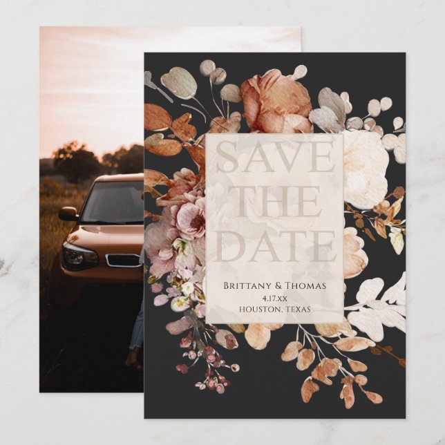 Convites Foto Terracotta Floral em Preto Salve a Data (Frente/Verso)