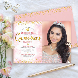 Convites Foto Tiara de Brilho Rosa Dourado Quinceañera