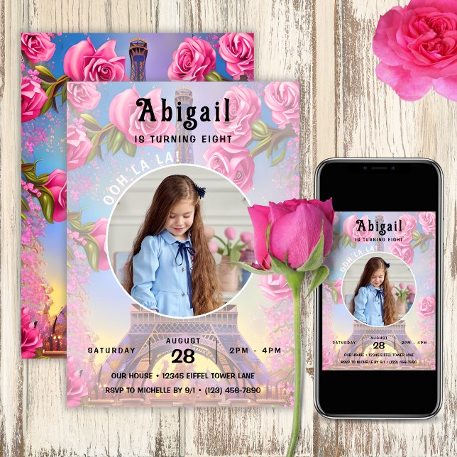 Convites Foto: Torre Eiffel Rosas Rosa Rosa Quadrado Francê (Photo Eiffel Tower Pink Roses Chic French Birthday Invitation)