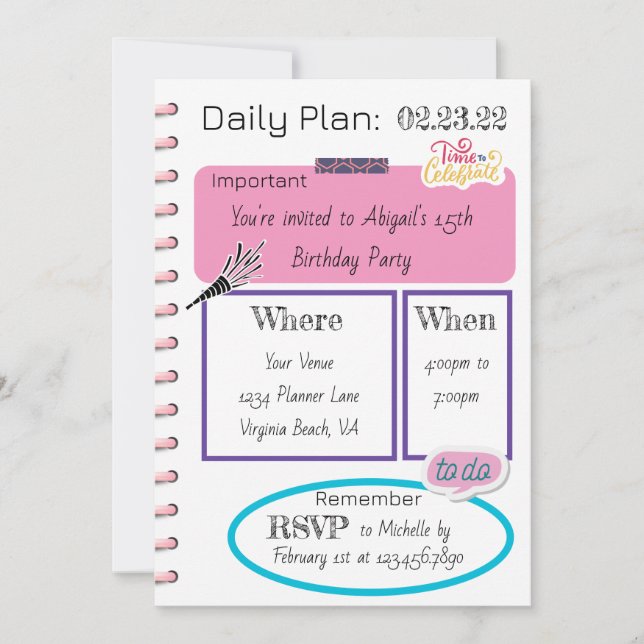Convites Foto: Trendy Daily Planner Modern Chic Birthday (Frente)