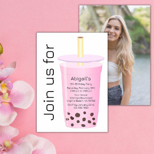 Convites Foto: Trendy Modern White Pink Boba Tea Birthday