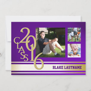 Convites Foto Tripla do Formando Stripe de Varsity Dourada 