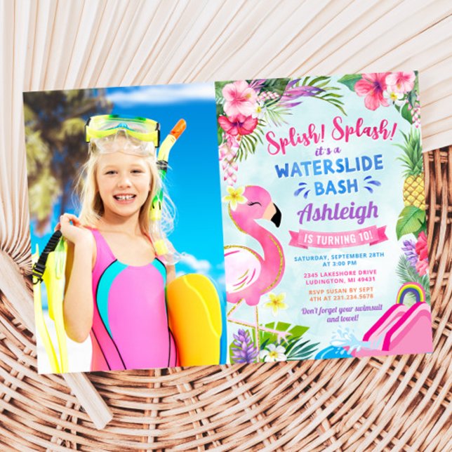 Convites Foto Tropical Girly Waterslide Birthday (Tropical Girly Waterslide Birthday Photo Invitation)