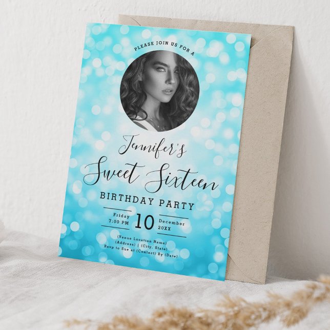 Convites FOTO Turquoise Bokeh Lights Sweet 16 Party (PHOTO Turquoise Bokeh Lights Sweet 16 Party Invitation)