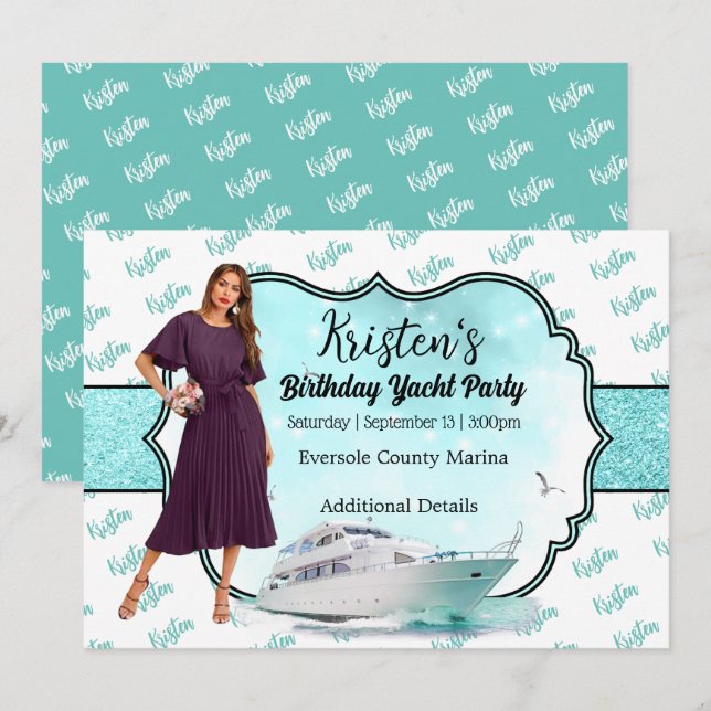 Convites Foto Turquoise Dourada Yacht Party Aniversário (Frente/Verso)