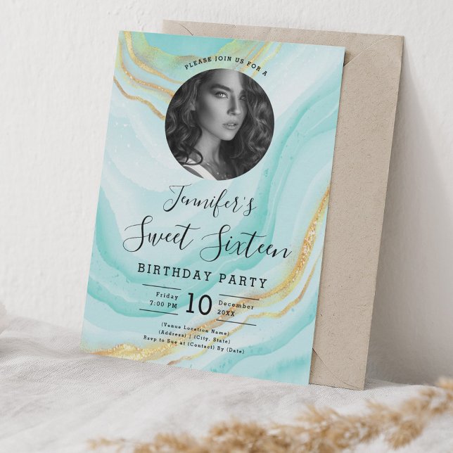 Convites FOTO Turquoise Marble Glitter Sweet 16 Party (PHOTO Turquoise Marble Glitter Sweet 16 Party Invitation)