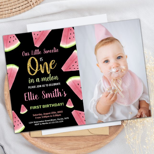 Convites Foto: Uma Glitter Slices Melancia Aniversário (Photo One Glitter Slices Watermelon Birthday Invitation)