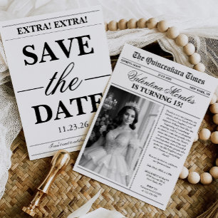 Convites Foto Única de Jornal Vintage para Quinceanera