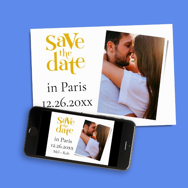 Convites Foto Única Dourada Em Paris Moderna Salvar A Data (Photo Save The Date Announcement Cards)