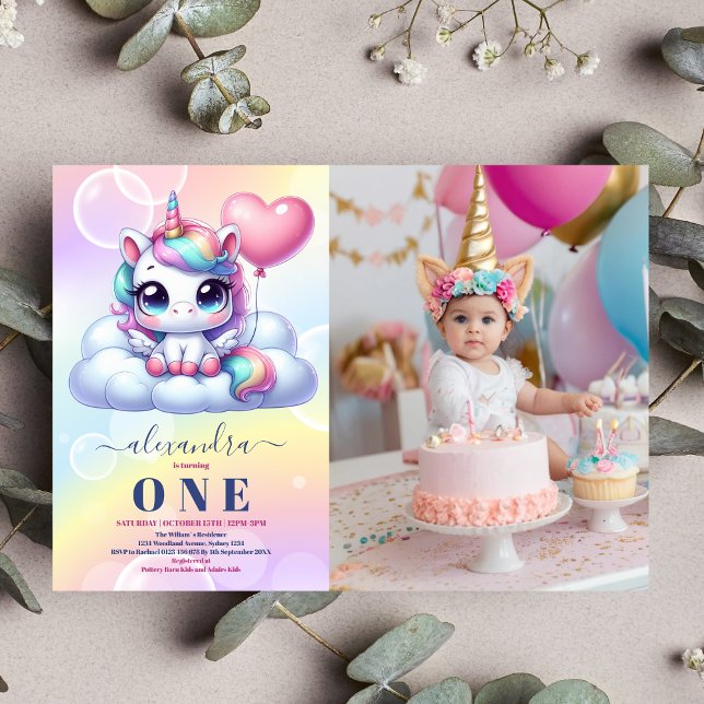 Convites Foto Unicorn Rainbow Sparkles primeiro aniversario (Criador carregado)