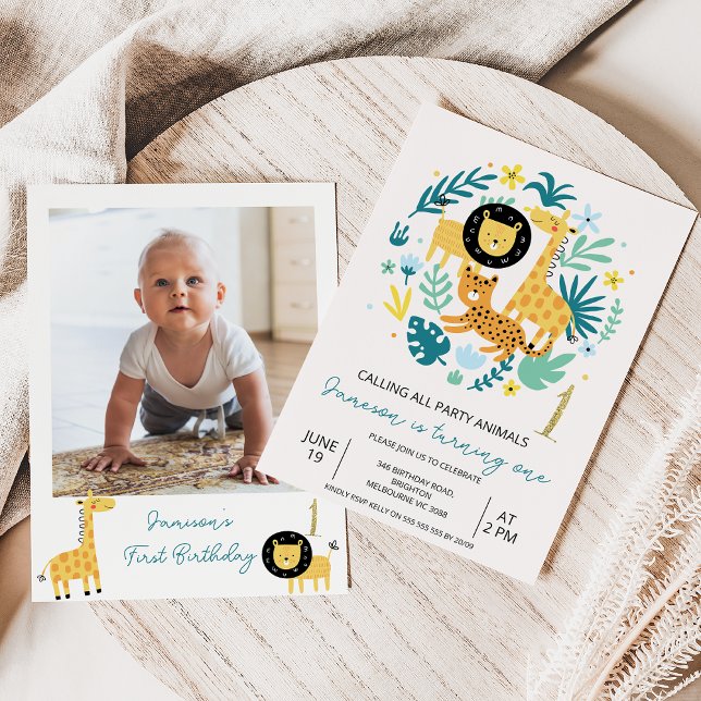 Convites Foto verde Chamando todos os primeiros aniversario (Party Animals Safari 1st Birthday Invitation Baby Boy,
Photo Safari Wild One Birthday Invitation )