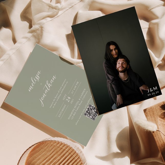 Convites Foto Verde do Modern Sage Monograma Código QR Casa (Criador carregado)