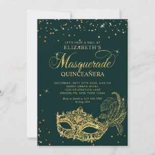 Convites Foto Verde Dourado Brilho Máscara Quinceañera