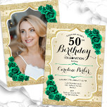 Convites Foto verde Emerald Dourada 50º aniversário<br><div class="desc">Elegante convite floral feminino de 50 anos com sua foto no final do cartão. Design de vidro com ouro brilhante falso. Possui faixas de ouro, rosas esmeraldas verdes, fontes de script e confetti. Perfeito para uma festa de comemoração de na moda adulto. Personalize com seus próprios detalhes. Pode ser personalizado...</div>