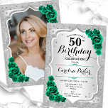 Convites Foto Verde Silver Emerald 50º Aniversário<br><div class="desc">Elegante convite floral feminino de 50 anos com sua foto no final do cartão. Design com falso brilho de prata. Possui faixas prateadas, rosas esmeraldas verdes, fonte de script e confetti. Perfeito para uma festa de comemoração de na moda adulto. Personalize com seus próprios detalhes. Pode ser personalizado para qualquer...</div>