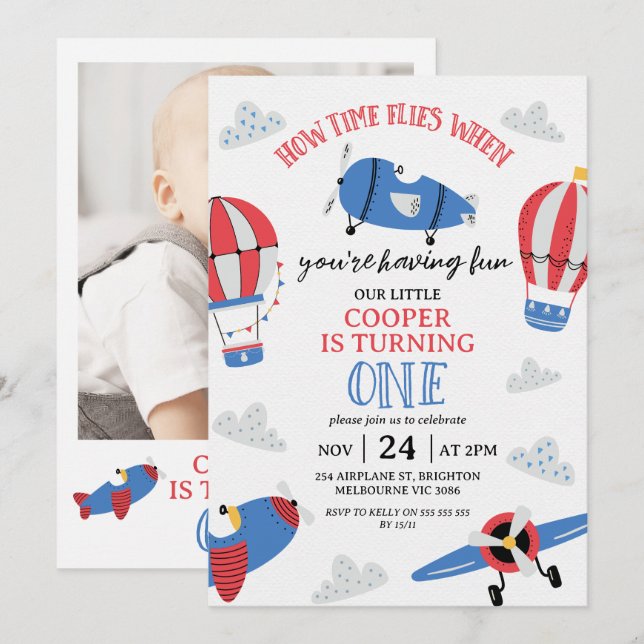 Convites Foto Vermelha Azul Moderna Como o tempo voa primei (Frente/Verso)