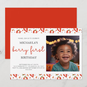 Convites Foto Vermelha branca e branca, Berry Primeiro Aniv