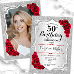 Convites Foto Vermelha Elegante 50º Aniversário<br><div class="desc">Elegante convite floral feminino de 50 anos com sua foto no final do cartão. Design com falso brilho de prata. Possui faixas prateadas, rosas vermelhas, fontes de script e confetti. Perfeito para uma festa de comemoração de na moda adulto. Personalize com seus próprios detalhes. Pode ser personalizado para qualquer idade!...</div>