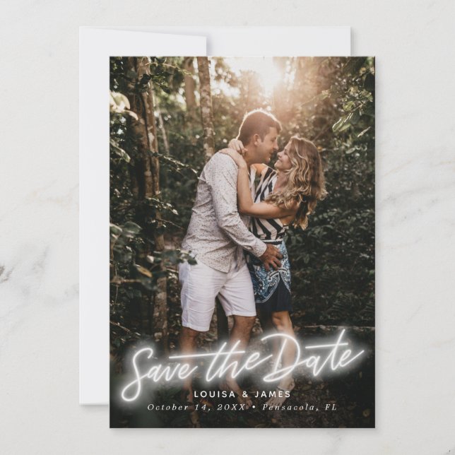 Convites Foto Vertical Neon Salvar a Data (Frente)