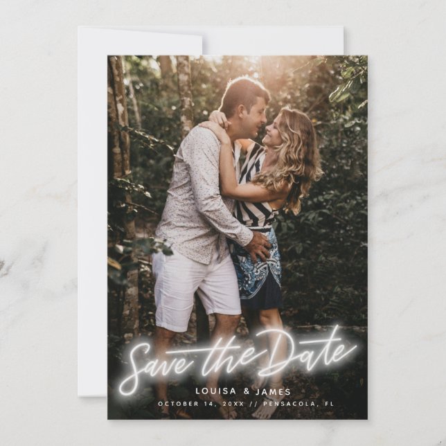 Convites Foto Vertical Neon Salvar a Data (Frente)