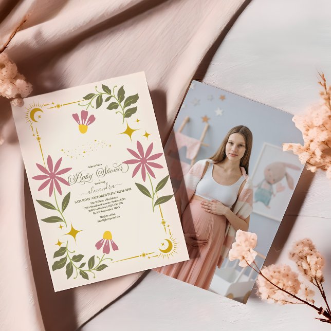 Convites Foto Vintage Chá de fraldas Botânico Celestial (Criador carregado)