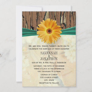 Convites Foto Vintage Wood Emerald Gerber Daisy Wedding