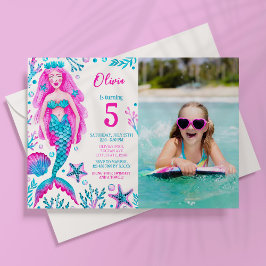 Convites Foto: Watercolor Mermaid Girl Birthday Piscina Par