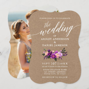 Convites Foto Wedding floral roxa de Kraft da caligrafia