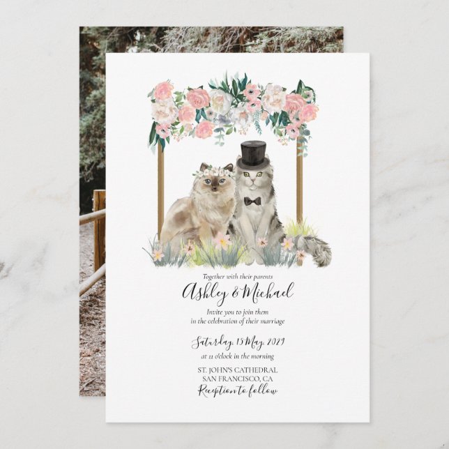 Convites Foto Whimsso Aquarela Gata Cor Branca Rosa (Frente/Verso)