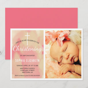 Convites Fotografia Baby Girl Christening, Watercolor Pink