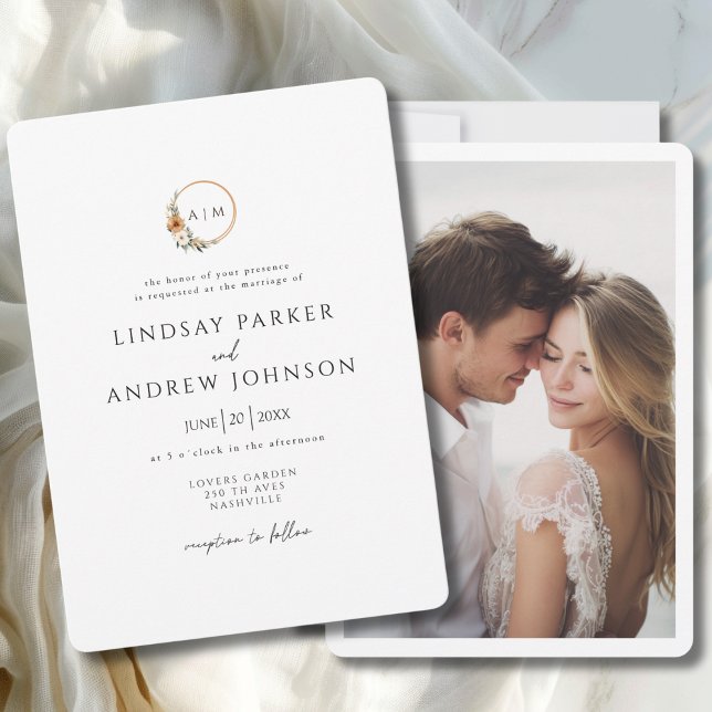 Convites Fotografia Botânica Terrosa de Cobre com Monograma (Elegant Monogram Copper Earthy Botanical Photo Invitation)