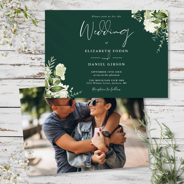 Convites Fotografia Botânica Verde Esmeralda Casamento  (Emerald Green Botanical Greenery Photo Wedding Invitation)