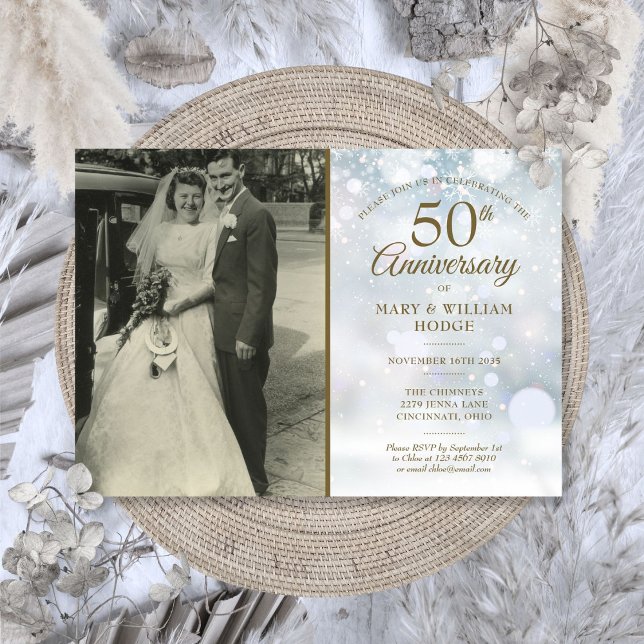 Convites Fotografia de casamento com flocos de neve de inve (50th Anniversary Winter Snowflakes Wedding Photo Invitation)