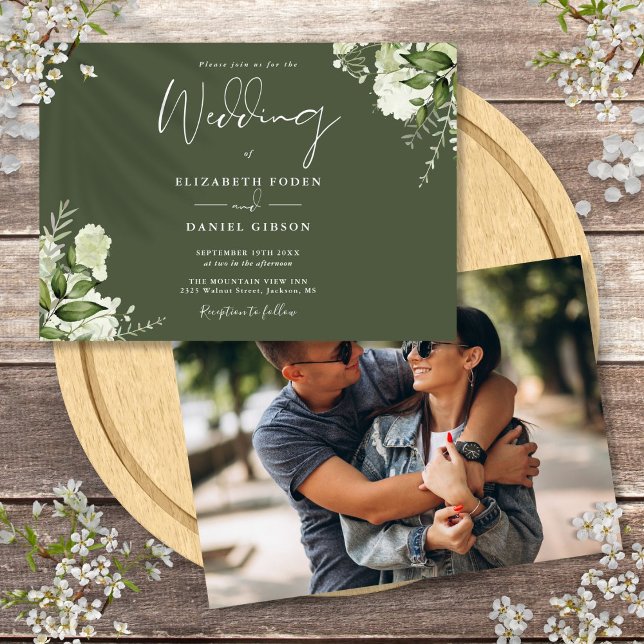 Convites Fotografia de casamento de verde botânico Oliva (Olive Green Botanical Greenery Photo Wedding Invitation)