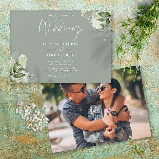 Convites Fotografia de casamento de verde botânico Sage Gre (Criador carregado)