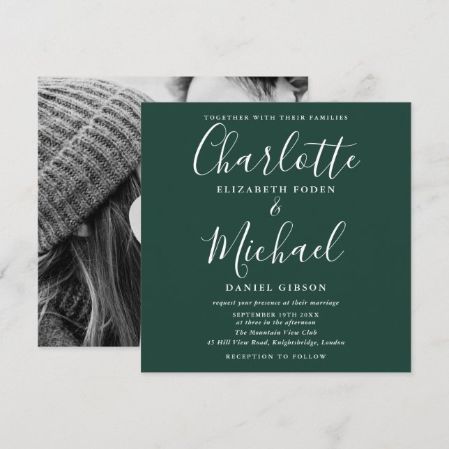 Convites Fotografia de casamento em esmeralda verde com let (Frente/Verso)
