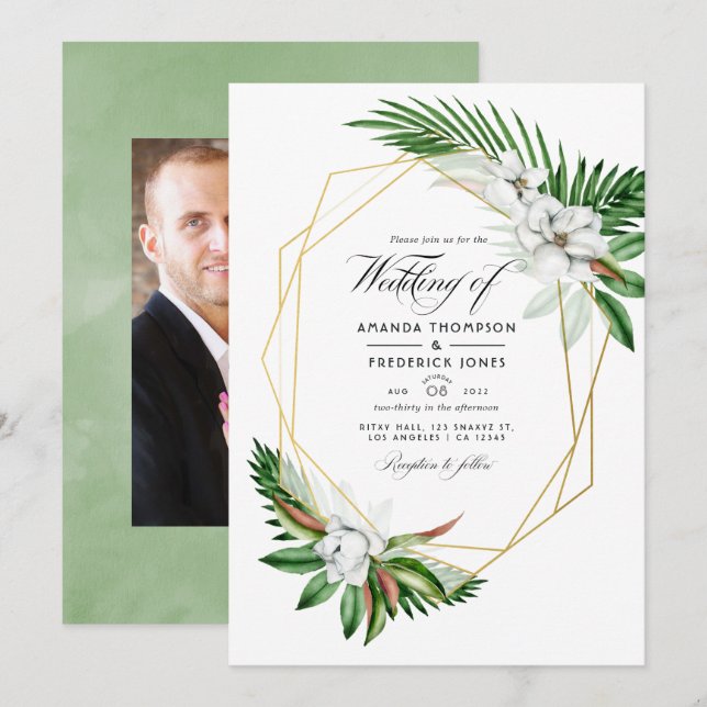Convites Fotografia de casamento geométrica com verde tropi (Frente/Verso)