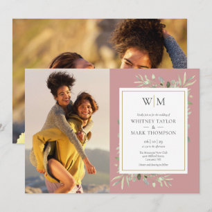 Convites Fotografia de casamento Monograma Verde Rosa Pó