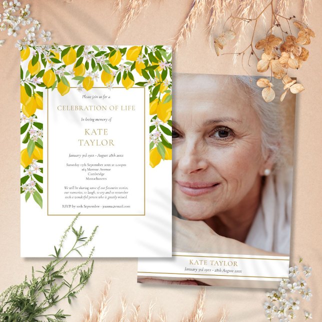 Convites Fotografia de Funeral de Celebração de Vida com Li (Lemons Blossom Photo Funeral Celebration of Life Invitation)
