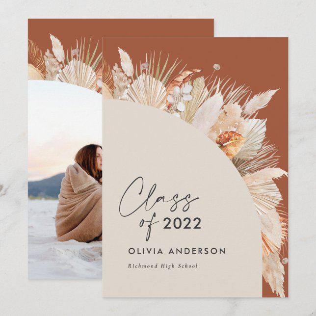 Convites Fotografia de gradução terracotta pampas botânica  (Frente/Verso)