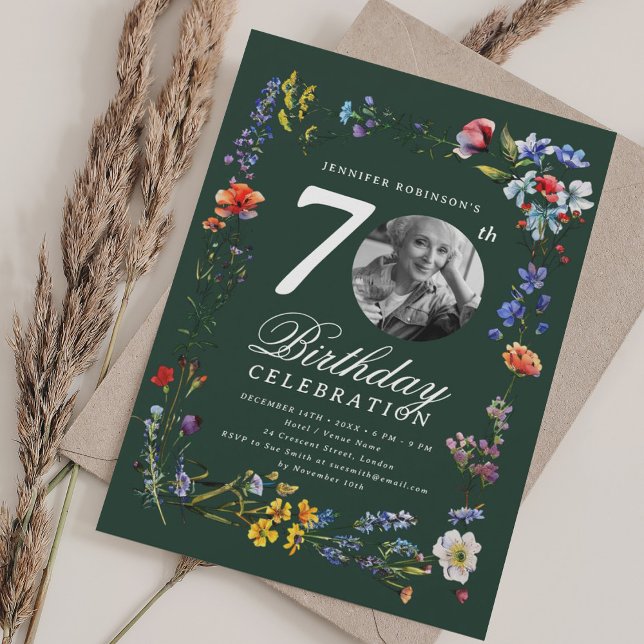 Convites Fotografia de Prado de Flores Silvestres para Fest (Wildflower Meadow Photo 70th Birthday Party Green Invitation)