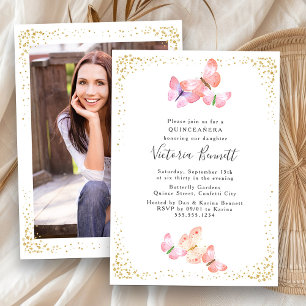 Convites Fotografia de Quinceanera com Borboleta em Aquarel
