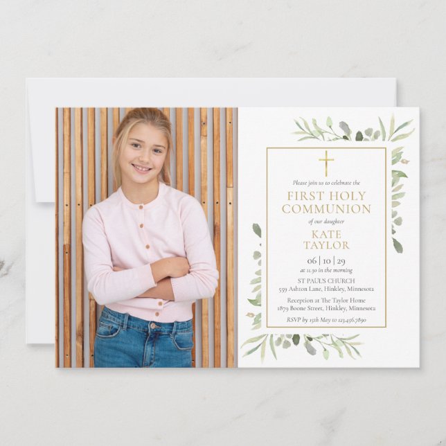Convites Fotografia de verde à aguarela Primeira Comunhão (Frente)