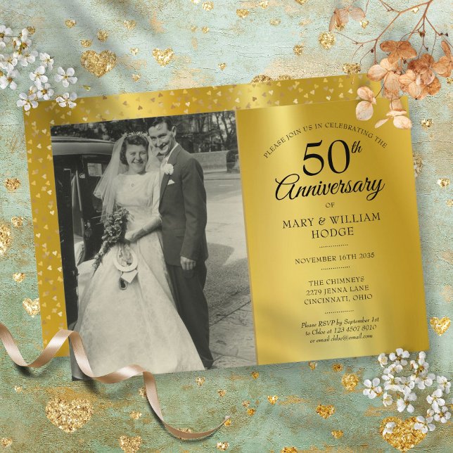 Convites Fotografia do casamento com folha de ouro do 50º a (50th Anniversary Gold Foil Wedding Photo Invitation)